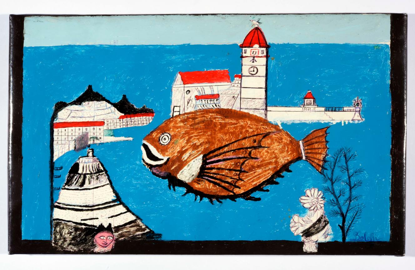 “Port de Collioure” (sin fecha), de François Baloffi. Pintura acrílica sobre bolsa de fertilizante.