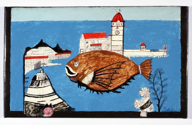 “Port de Collioure” (sin fecha), de François Baloffi.  Pintura acrílica sobre bolsa de fertilizante.