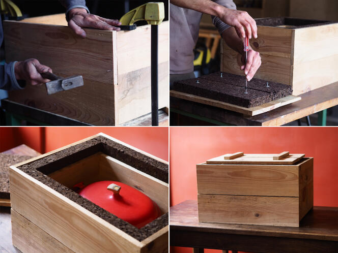 Les étapes de la fabrication d’une marmite norvégienne, de haut en bas : construction d’une boîte en bois et conception d’un couvercle isolé avec du liège ; détail de l’intérieur de la marmite norvégienne.