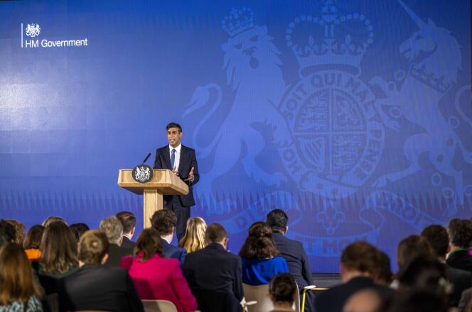 Lepremier ministre britannique, Rishi Sunak, prononce son premier discours de politique générale à Londres, le 4 janvier 2023.
