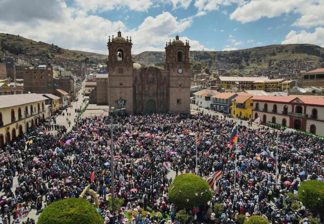Hundreds of demonstrators gathered in the main square of the city of Puno, in southern Peru, to support ousted president Pedro Castillo on January 9, 2023.