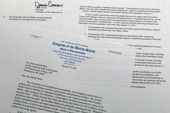 La carta de James Comer, presidente del Comité de Supervisión de la Cámara, a los Archivos Nacionales.  El republicano busca aclaraciones sobre las comunicaciones entre los archivos y el equipo de Joe Biden.