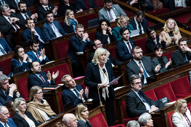 Marine Le Pen and the deputies of the RN at the National Assembly, in Paris, on January 10, 2023.
