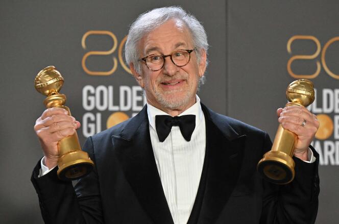 Steven Spielberg poses with his two Golden Globes of the evening (best director, best picture), in Beverly Hills, California, on January 10, 2023. 