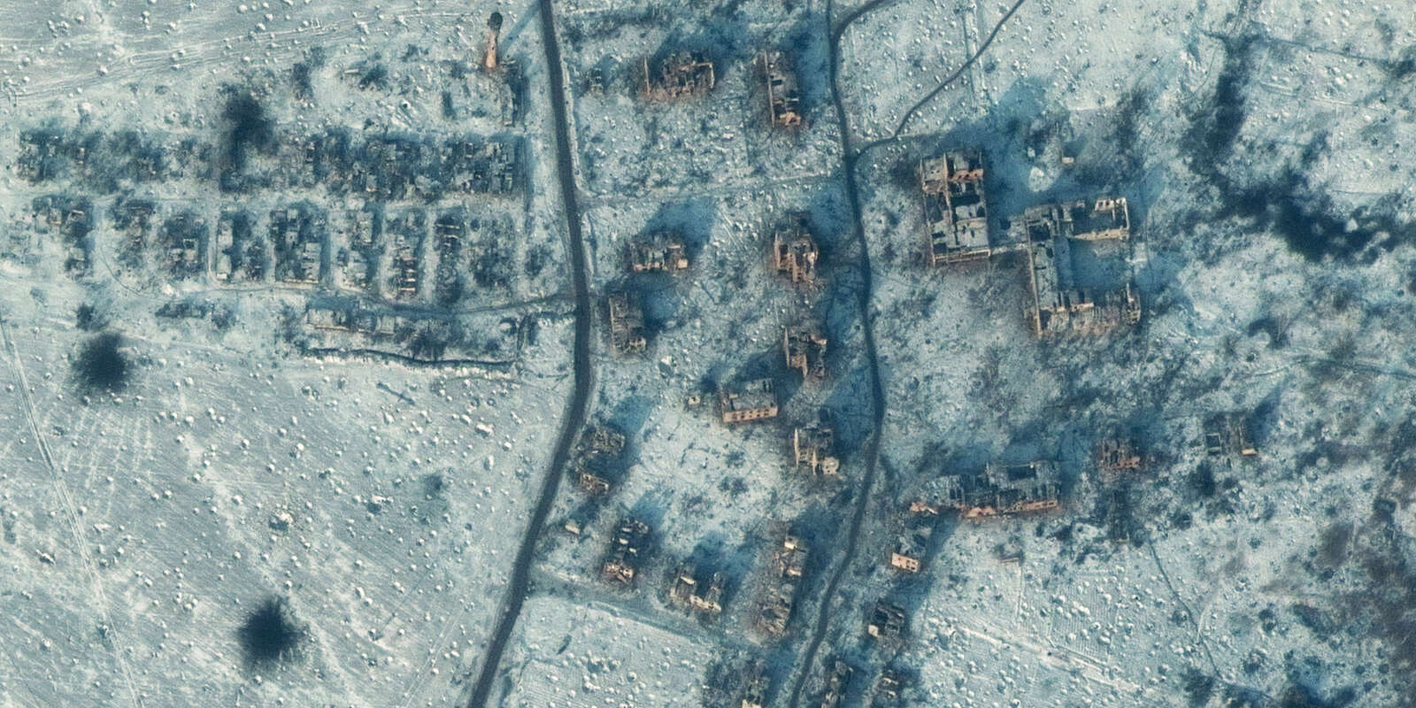 Image satellite (Maxar Technologies) de Soledar en ruine, le 10 janvier 2023.