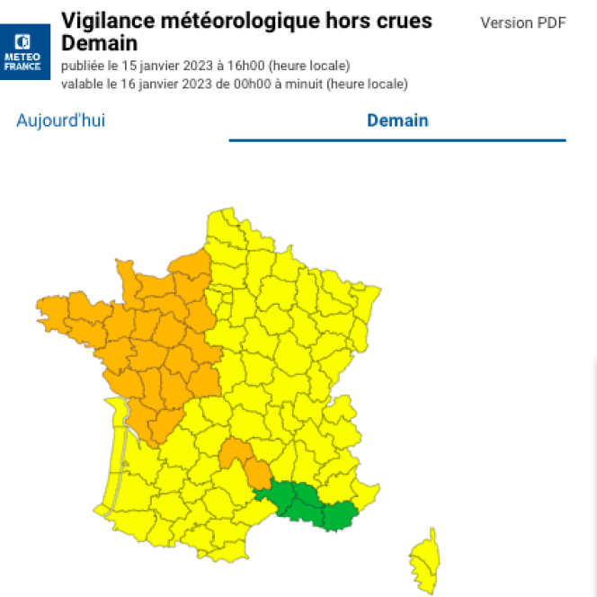 El mapa de vigilancia de Météo-France del lunes 16 de enero de 2023.