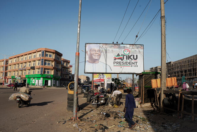 An election poster of the People's Democratic Party (PDP) and its candidate, Atiku Abubakar, who is running in the Nigerian presidential election for the sixth time, in Kano, on December 19, 2022.