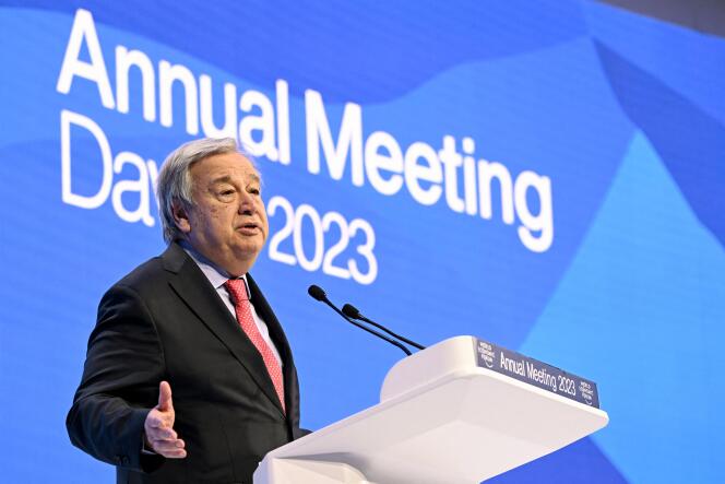 Le sécrétaire général de l’ONU, Antonio Guterres, lors de son discours au Forum économique mondial, à Davos, mercredi 18 janvier 2023.