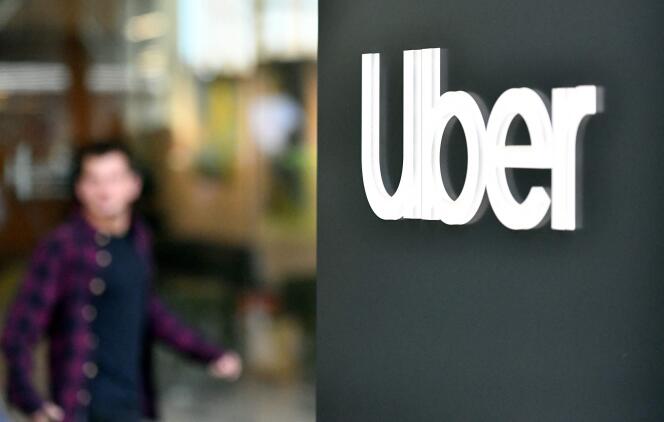 The logo of American company Uber in front of their offices in San Francisco on May 8, 2019.  