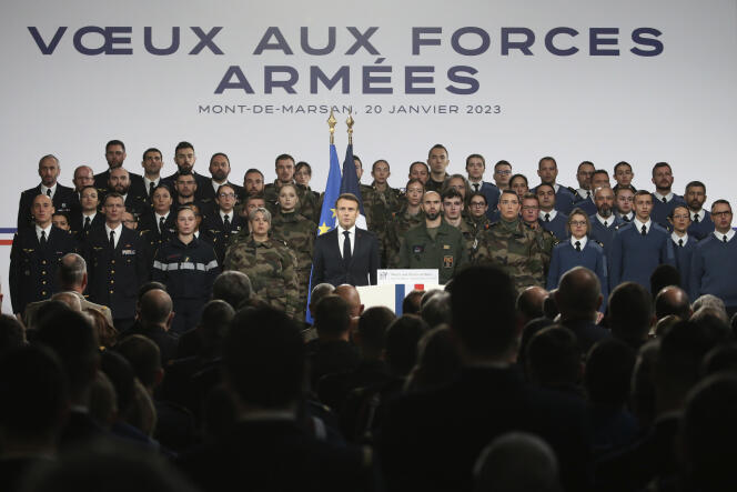 Allocution aux armées du président de la République, Emmanuel Macron, à la base aérienne de Mont-de-Marsan (Landes), le 20 janvier 2023. 
