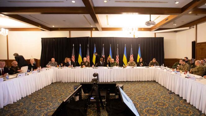 US Secretary of Defence Lloyd Austin (back C) together with other ministers and NATO members attending the Ukraine Defense Contact Group meeting at Ramstein Air Base in Ramstein-Miesenbach, Germany on January 20, 2023. 