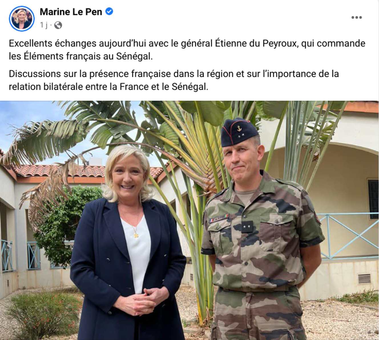 Capture d’écran de la page Facebook de Marine Le Pen, le 19 janvier 2023.