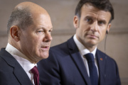 Emmanuel Macron and German Chancellor Olaf Scholz after the Franco-German Council of Ministers at the Elysee Palace on January 22, 2023.