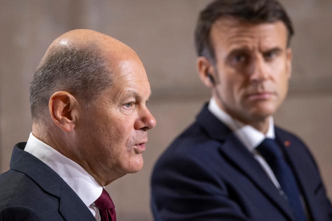 Olaf Scholz and Emmanuel Macron, during the press conference following the Franco-German Council of Ministers, at the Elysée Palace, January 22, 2023.