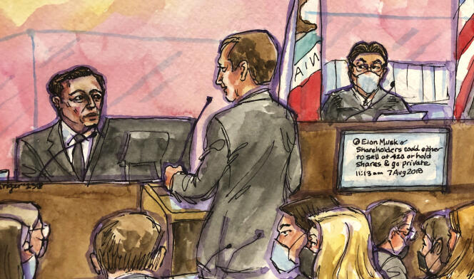 In this courtroom sketch is Elon Musk, left, with one of his tweets displayed on a screen and shareholder attorney Nicholas Porritt in federal court as US District Judge Edward Chen, right, looks on in San Francisco, Monday, Jan.  23, 2023. 