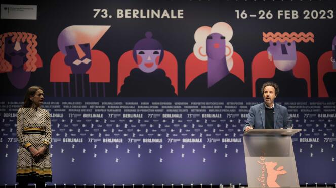 Artistic director Carlo Chatrian (right) and general manager Mariette Rissenbeek, during the press conference announcing the 73rd edition of the Berlinale, on January 23, 2023, in Berlin.