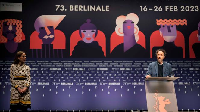 Artistic Director Carlo Chatrian (right) and General Manager Mariette Reisenbeck, during the press conference to announce the 73rd edition of the Berlinale, on January 23, 2023, in Berlin.