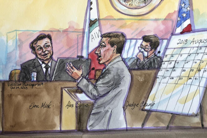 In this courtroom sketch is Elon Musk, left, with his lawyer Alex Spiro.  tested in federal court as US District Judge Edward Chen, right, presides, January 24, 2023, in San Francisco. 
