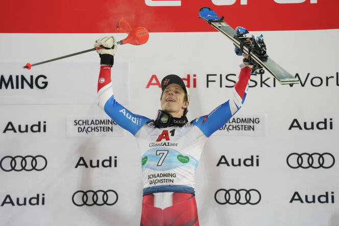 Frenchman Clément Noël celebrating his victory in the slalom in alpine skiing during the World Cup, in Schladming in Austria, Tuesday January 24, 2023.