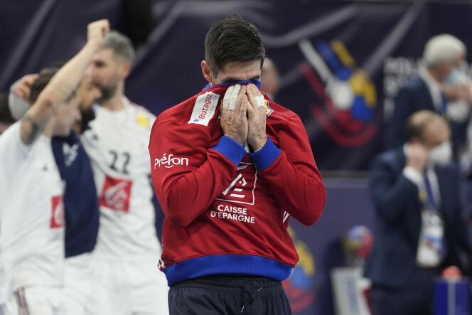 French goalkeeper Rémi Desbonnet, relieved after the victory of the Blues in the quarter-finals of the 2023 Handball World Cup against Germany, in Gdansk, Poland, Wednesday January 25, 2023. 