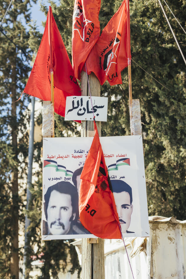 Drapeaux du Front démocratique pour la libération de la Palestine, une organisation marxiste-léniniste palestinienne laïque aussi appelée Front démocratique, à Kafr Nameh (Cisjordanie), le 21 janvier 2023.