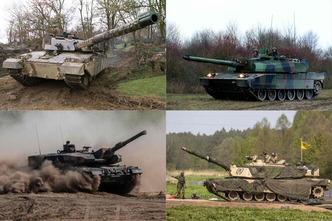 This combination of file photographs shows, from top left to bottom right: A British Challenger tank, a French Leclerc tank, a Polish German Leopard tank and a US Abrams tank.