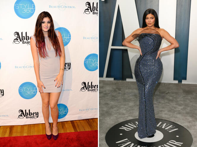 Un antes/después de Kylie Jenner, la media hermana de Kim Kardashian.  A la izquierda, en Nueva York, en 2011. A la derecha, en Beverly Hills, en 2020. Entre estas dos fechas, mucha cirugía estética.