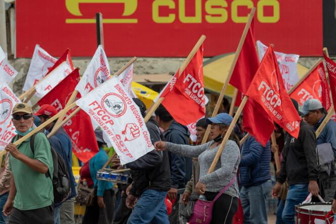 People hold a demonstration against the government of Peruvian President Dina Boluarte at the Tupac Amaru square, demanding her resignation, the closure of Congress and new elections in Cusco, Peru, on January 27, 2023. 