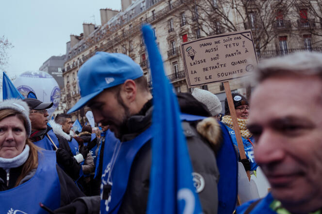 Cortège CFTC. Manifestation contre la réforme des retraites. Place de la Republique. Paris France. 19/01/2023. AGNES DHERBEYS / AGENCE MYOP POUR « LE MONDE »