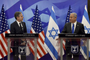 Israeli Prime Minister Benyamin Netanyahu speaks to the press with US Secretary of State Anthony Blinken, in Jerusalem on January 30, 2023. 