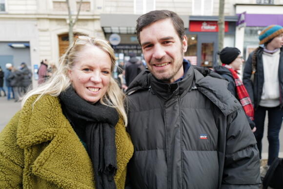Elise et Jonathan, dans le cortège de la manifestation contre les réforme des retraites à Paris, le 31 janvier 2023.