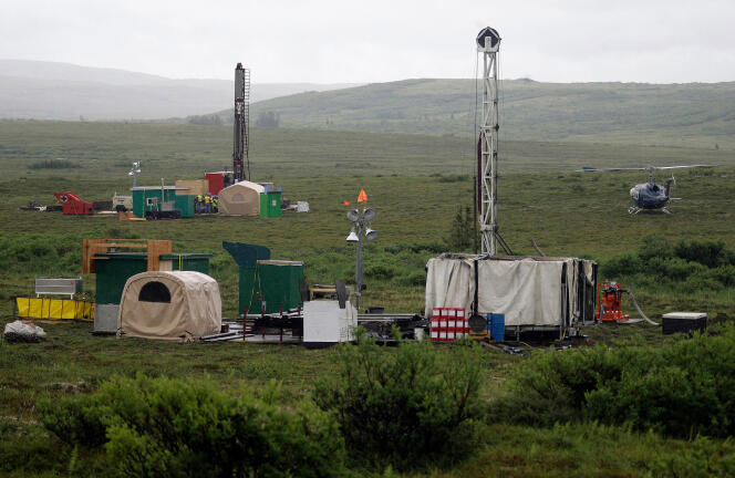 Workers with the Pebble Mine project test drill in the Bristol Bay region of Alaska, near the village of Iliamma, in 2007.