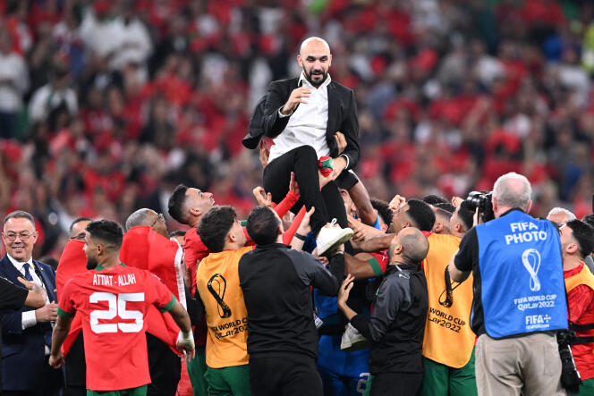 El entrenador de Atlas Lions, Walid Regragui, después de la victoria de Marruecos en cuartos de final sobre Portugal el 10 de diciembre de 2022 en la Copa del Mundo en Qatar.