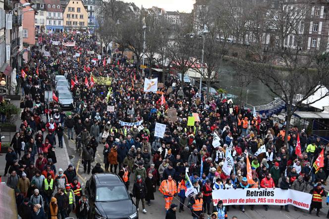 Demonstrators march against pension reform in Strasbourg, January 31, 2023.