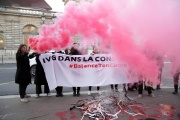 Mobilisation de défenseuses du droit à l’avortement, devant le Sénat, à Paris, le 1er février 2023. 