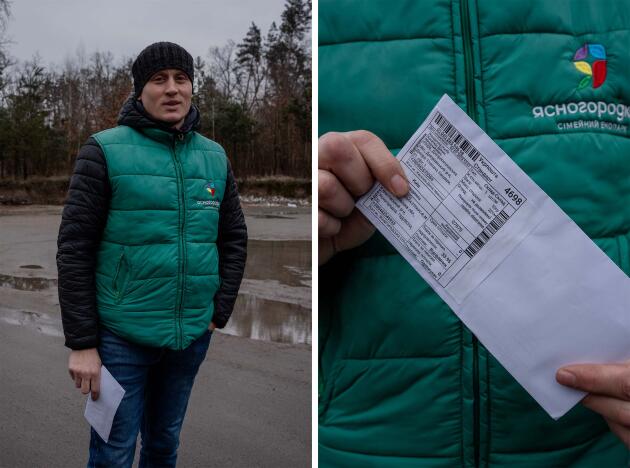 Oleksander, 34 ans, chef des gardes d’un parc d’autruches, récupère une lettre des avocats du parc concernant les assurances et la reconstruction après l’occupation russe, à Yasnohorodka (Ukraine), le 6 janvier 2023. 
