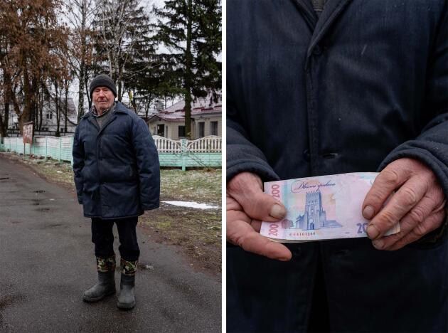 Oleksander, 85 ans, a récupéré sa pension, à Yasnohorodka (Ukraine), le 6 janvier 2023.
 
