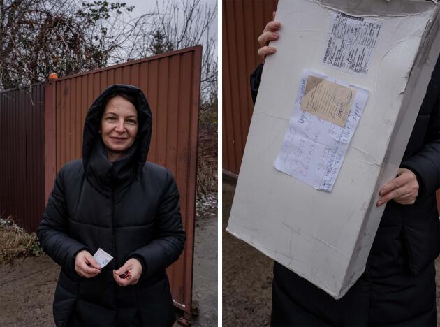 Olya, 44 ans, a envoyé des chaussures à une famille démunie en Ukraine. Le colis est revenu, car il n’y avait plus de destinaires sur l’adresse indiquée. Ici, à Yasnohorodka, le 6 janvier 2023.

