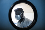 A Doctor wears a protective mask inside the emergency ward in Pikine Hospital in Dakar on April 23, 2020. 