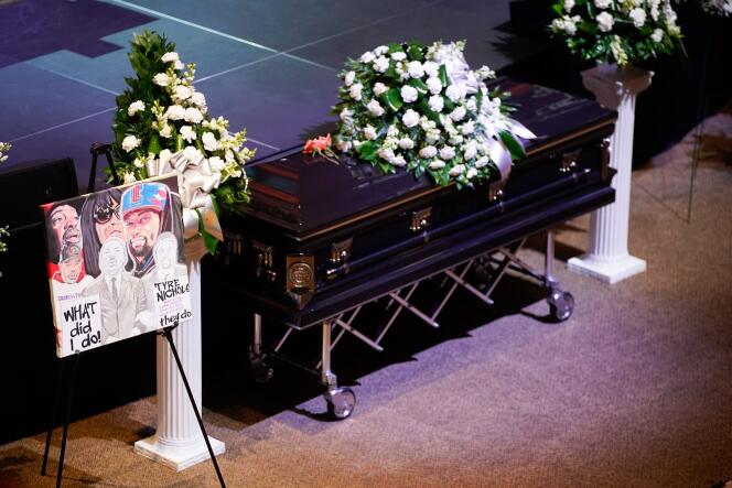Le cercueil de Tyre Nichols lors de ses funérailles dans une église de Memphis, le 1er février 2023.