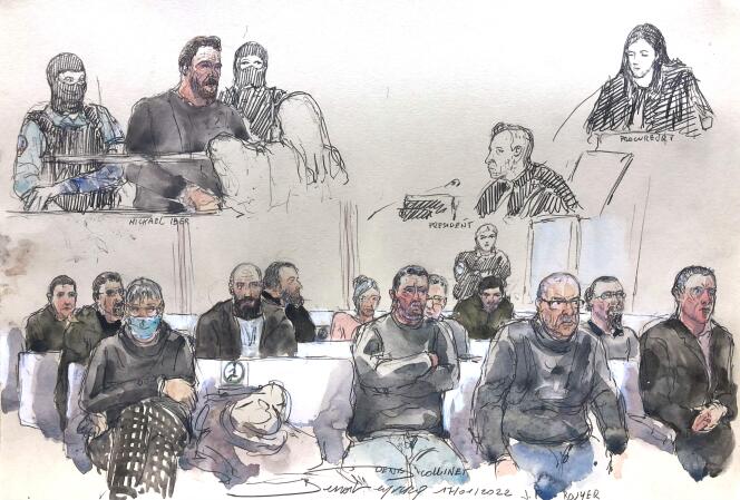 Les treize membres des Barjols, au tribunal correctionnel de Paris, le 17 janvier 2023. Ils comparaissent pour « association de malfaiteurs terroristes ».
