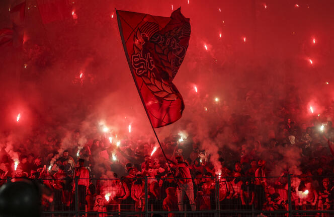 In the Mohammed-V stadium, on January 25, 2023, supporters of the Moroccan club Casablanca, Wydad (WAC), during the Club World Cup match between WAC and MAS Fez. 