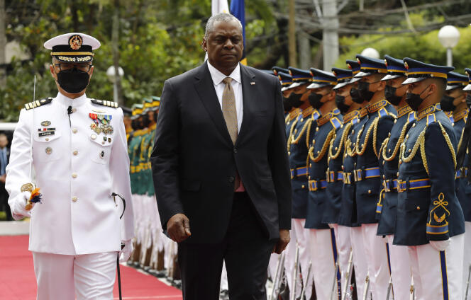US Defense Secretary Lloyd Austin walks past military guards during his arrival at the Department of National Defense in Camp Aguinaldo military camp in Quezon City, Metro Manila, Philippines on February 2, 2023.
