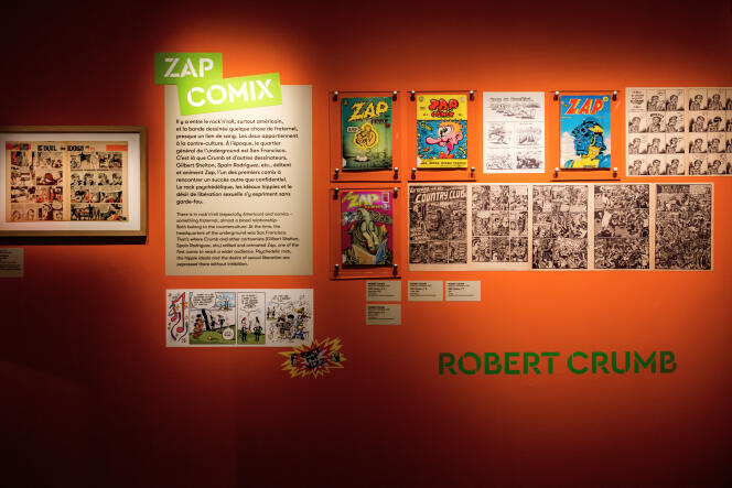 Des dessins de Robert Crumb à l’exposition « Rock ! Pop ! Wizz ! Quand la BD monte le son », à la Cité de la BD d’Angoulême, le 26 janvier 2023.