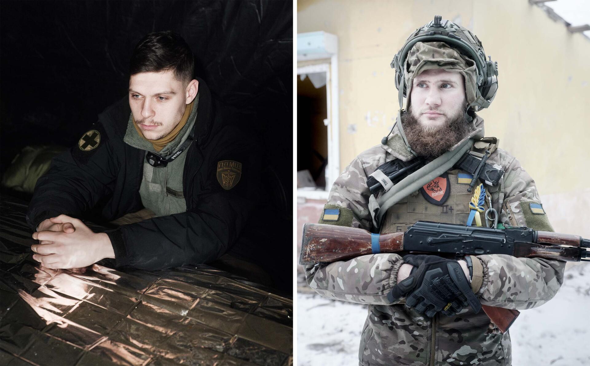 On the left, Ihor, a rescue worker, in a basement transformed into an emergency clinic between the first and second front lines. On the right, the grenadier Barsik, nicknamed "Bazooka Man." In the province of Luhansk, Ukraine, February 2, 2023. 