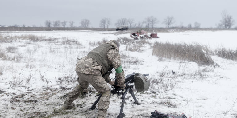 UKRAINE. 2 February 2023. Lugansk  Oblast. Undisclosed location near the frontline.A soldier training with weapons a few kilometres from the front line.