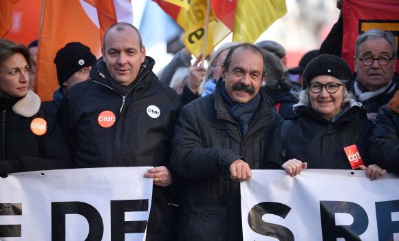 Laurent Berger, secrétaire général de la CFDT, et son homologue de la CGT Philippe Martinez dans le défilé parisien contre la réforme des retraites, le 7 février 2023.