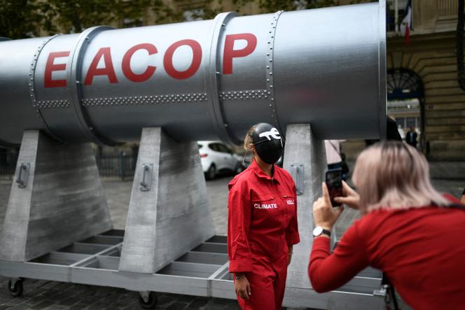 Demonstration in September 2022 in Paris by activists against the TotalEnergies pipeline project in Uganda called EACOP (East African Crude Oil Pipeline).