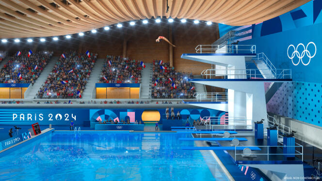 La identidad visual de los Juegos Olímpicos y Paralímpicos de París 2024 imaginada para el futuro centro acuático.