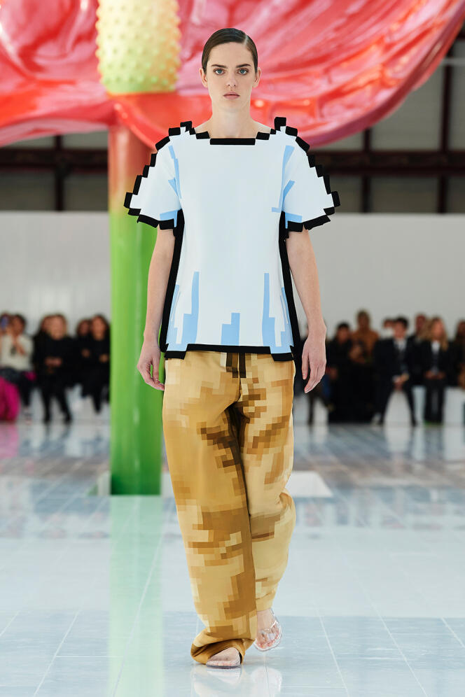 An outfit inspired by the “Minecraft” video game during the Loewe Spring/Summer 2023 show, in Paris, on September 30, 2022.